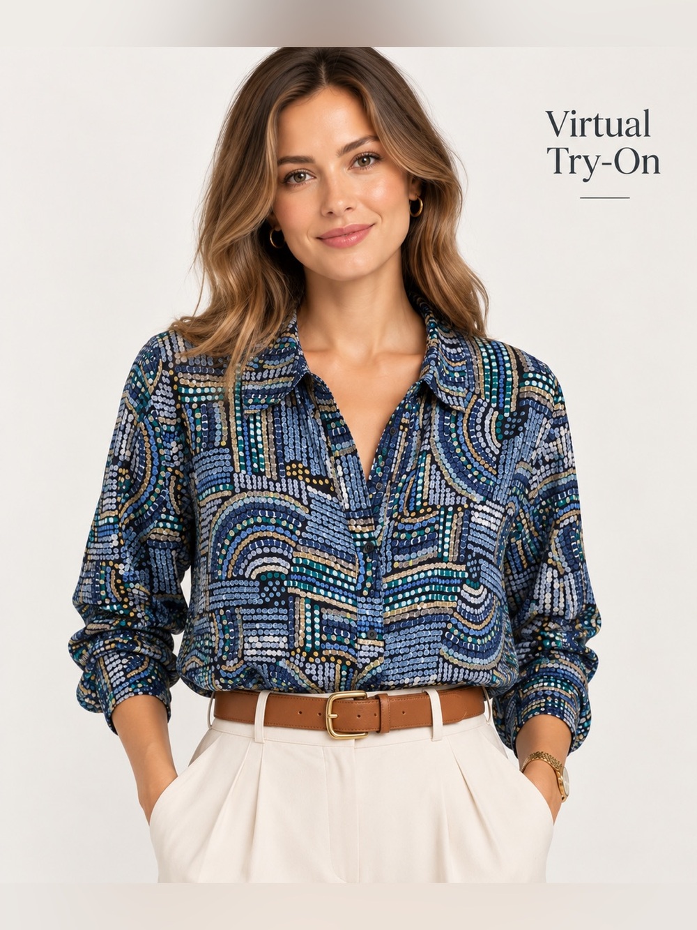 NIC+ZOE Women XL 100% Cotton Navy Blue Geometric Print Button Down Shirt Blouse